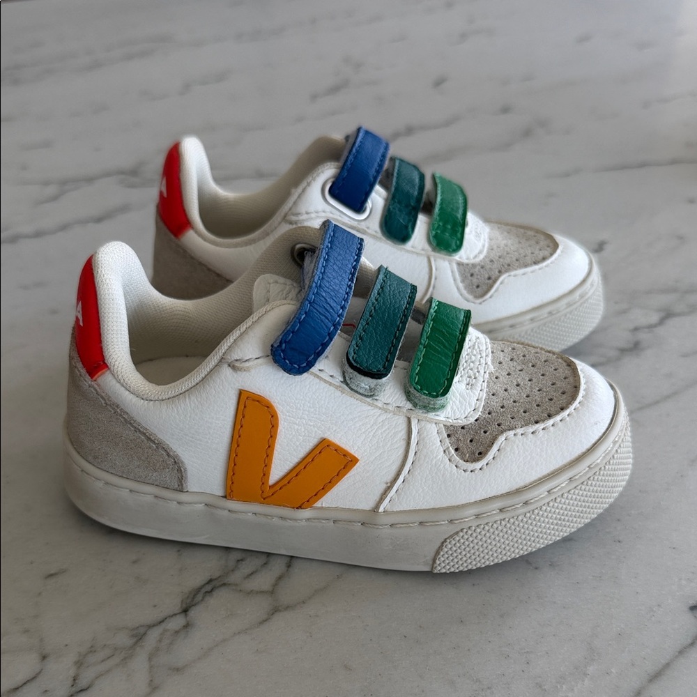 Veja Kids White Sneakers with Blue, Green & Yellow Accents